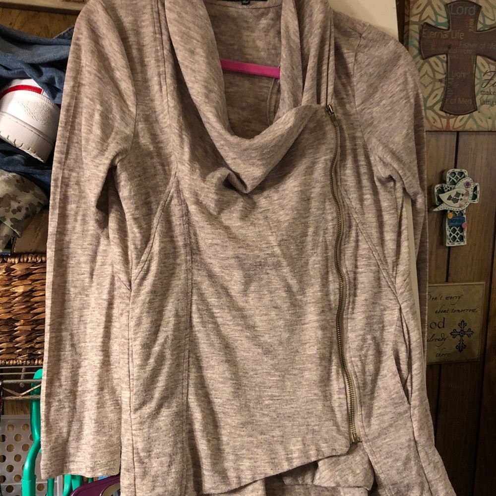 Sweet Rain Heather Taupe Asymmetrical Zip Cowl Sweater